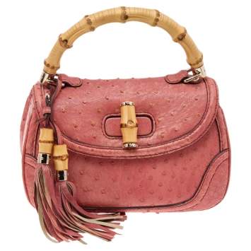 Pre Owned Gucci Orange Ostrich Leather Bamboo Top Handle Bag