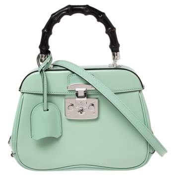 Pre Owned Gucci Light Green Leather Lady Lock Bamboo Top Handle Bag