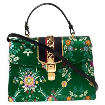 Pre Owned Gucci Green Floral Embroidered Jacquard Medium Sylvie Top Handle Bag