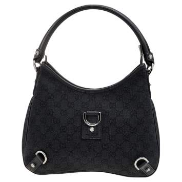 Pre Owned Gucci Navy Blue/Black GG Canvas And Leather Medium Abbey D-Ring Hobo