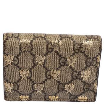 Pre Owned Gucci Beige GG Supreme Canvas and Leather Bee Print Card Case