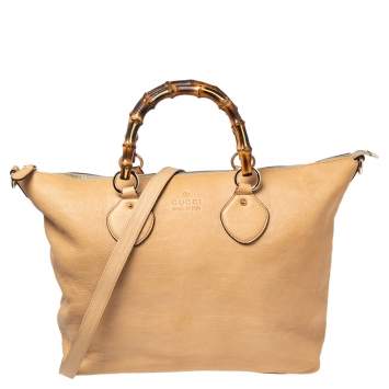 Pre Owned Gucci Beige Leather Medium Bamboo Shopper Tote