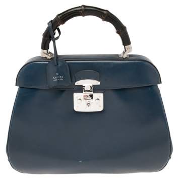 مملوكة مسبقًا Gucci Blue Leather Lady Lock Bamboo Large Top Handle Bag