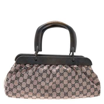 Pre Owned Gucci Pink/Black GG Canvas Wood Handle Frame Doctor Bag