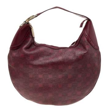 Pre Owned Gucci Burgundy Horsebit Embossed Leather Buckle Hobo
