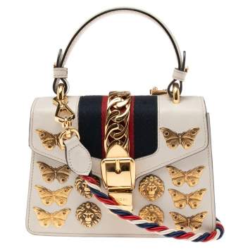 Pre Owned Gucci White Leather Mini Sylvie Animal Studded Top Handle Bag
