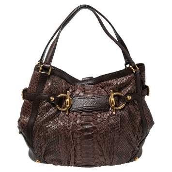 Pre Owned Gucci Brown Python Leather Horsebit Jockey Tote