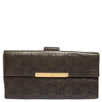 Pre Owned Gucci Dark Brown Guccissima Leather Flap Continental Wallet