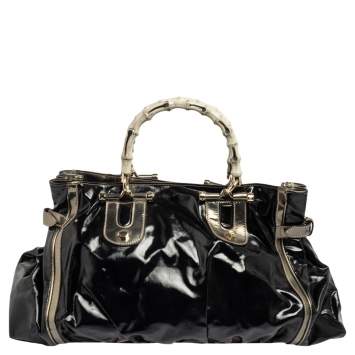 Pre Owned Gucci Black/Metallic Coated Canvas and Leather Dialux Pop Bamboo Tote