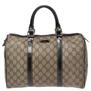 Pre Owned Gucci Dark Brown/Beige GG Supreme Canvas and Patent Leather Medium Joy Boston Bag