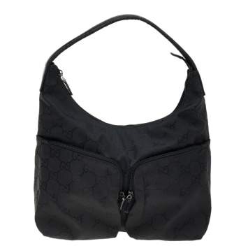 Pre Owned Gucci Black GG Nylon and Leather Double Pocket Hobo