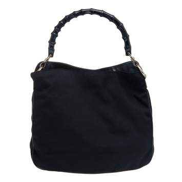 Pre Owned Gucci Black Nylon and Leather Bamboo Handle Hobo