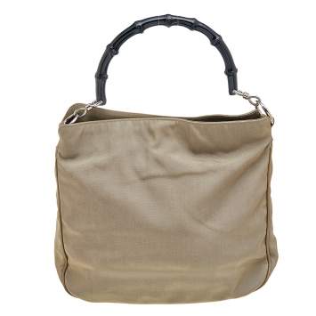 Pre Owned Gucci Khaki Nylon and Leather Bamboo Handle Hobo