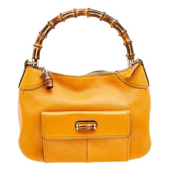Pre Owned Gucci Yellow Leather Bamboo Top handle Bag