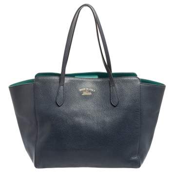 Pre Owned Gucci Navy Blue Leather Large Swing Shopper Tote