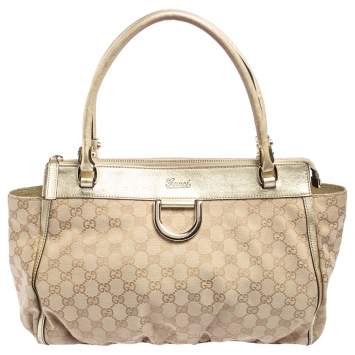 Pre Owned Gucci Beige/Gold GG Canvas and Leather D Ring Tote