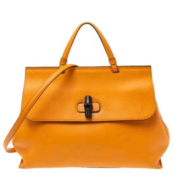 Pre Owned Gucci Orange Leather Large Bamboo Daily Top Handle Bag