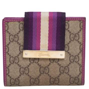 Pre Owned Gucci Purple/Beige GG Canvas and Leather Web Flap French Wallet