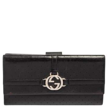 Pre Owned Gucci Black Perforated Leather Interlocking GG Continental Wallet 