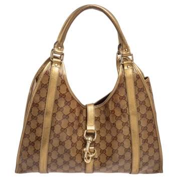 Pre Owned Gucci Gold/Beige GG Crystal Canvas and Leather Medium Joy Shoulder Bag