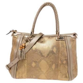 Pre Owned Gucci Gold/Beige Python and Leather Bella Tote