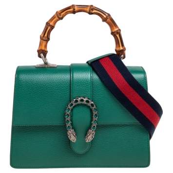 Pre Owned Gucci Green Leather Medium Dionysus Bamboo Top Handle Bag