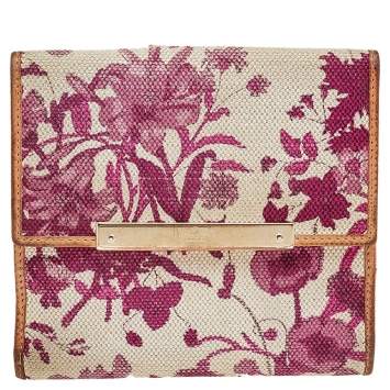 Pre Owned Gucci White/Pink Floral Print Canvas And Leather Compact Wallet
