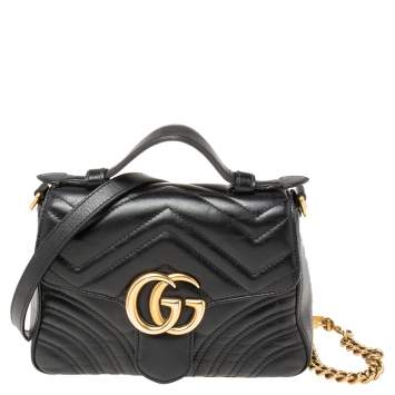 Pre Owned Gucci Black Matelassé Leather GG Marmont Mini Top Handle Bag