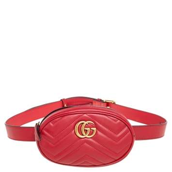 Pre Owned Gucci Red Matelassé Leather GG Marmont Belt Bag