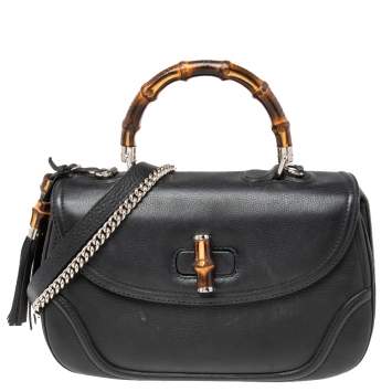 Pre Owned Gucci Black Leather Large New Bamboo Tassel Top Handle bag
