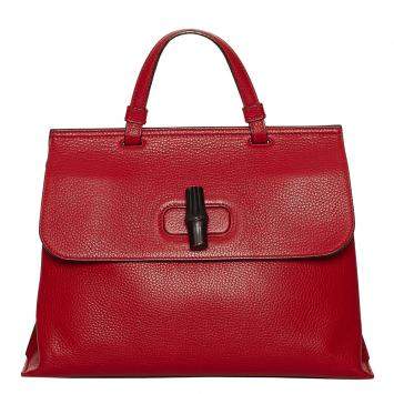 Pre Owned Gucci Red Leather Bamboo Daily Satchel Bag