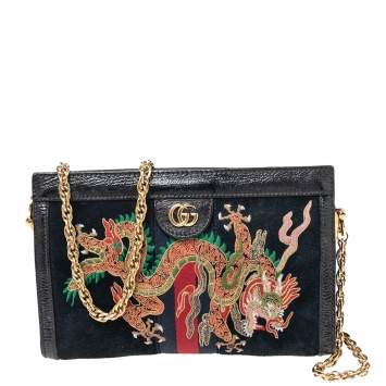 Pre Owned Gucci Black Suede and Leather Ophidia Dragon Shoulder Bag