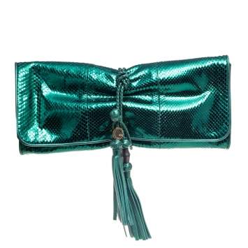 Pre Owned Gucci Metallic Green Python Malika Clutch