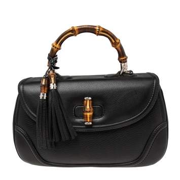 Pre Owned Gucci Black Leather New Bamboo Tassel Top Handle Bag