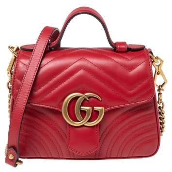 Pre Owned Gucci Red Chevron Quilted Leather Mini GG Marmont Top Handle Bag