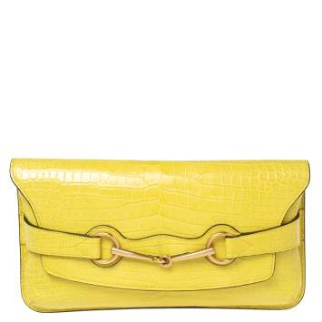 Pre Owned Gucci Yellow Crocodile Horsebit Clutch