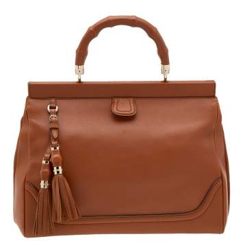 Pre Owned Gucci Brown Leather Medium Bold Bamboo Top Handle Bag
