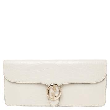 Pre Owned Gucci White Crocodile 1973 Flap Long Clutch