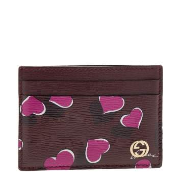 Pre Owned Gucci Burgundy Leather Heartbeat Print Card Holder