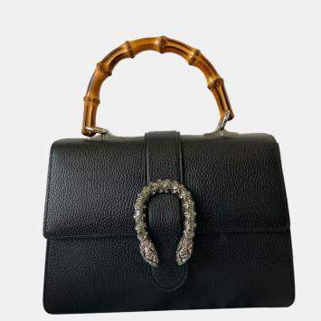 Pre Owned Gucci Black Canvas Leather Dionysus Bamboo Top Handle Bag 
