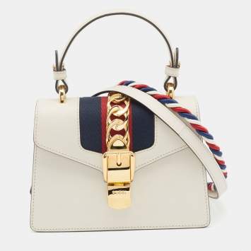 Pre Owned Gucci Off White Leather Mini Web Chain Sylvie Top Handle Bag