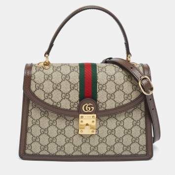 Pre Owned Gucci Beige/Brown Supreme Canvas And Leather Small Ophidia Top Handle Bag