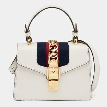 Pre Owned Gucci White Leather Mini Web Chain Sylvie Top Handle Bag