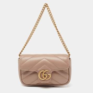 Pre Owned Gucci Beige Matelassé Leather GG Marmont Coin Purse with Chain