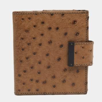 Pre Owned Gucci Brown Ostrich Compact Wallet