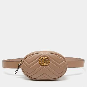 Pre Owned Gucci Beige Matelassé Leather GG Marmont Belt Bag
