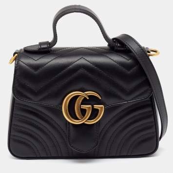 Pre Owned Gucci Black Matelassé Leather Mini GG Marmont Top Handle Bag