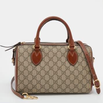 Pre Owned Gucci Beige/Brown GG Supreme Canvas And Leather Small Boston Bag