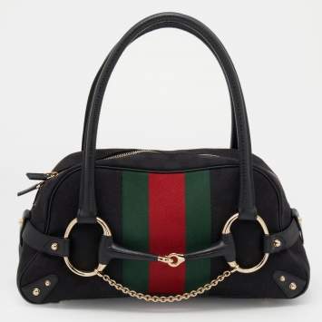 Pre Owned Gucci Black GG Canvas And Leather Web Horsebit Satchel