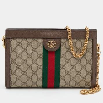 Pre Owned Gucci Beige/Ebony GG Supreme Canvas and Leather Small Ophidia Shoulder Bag